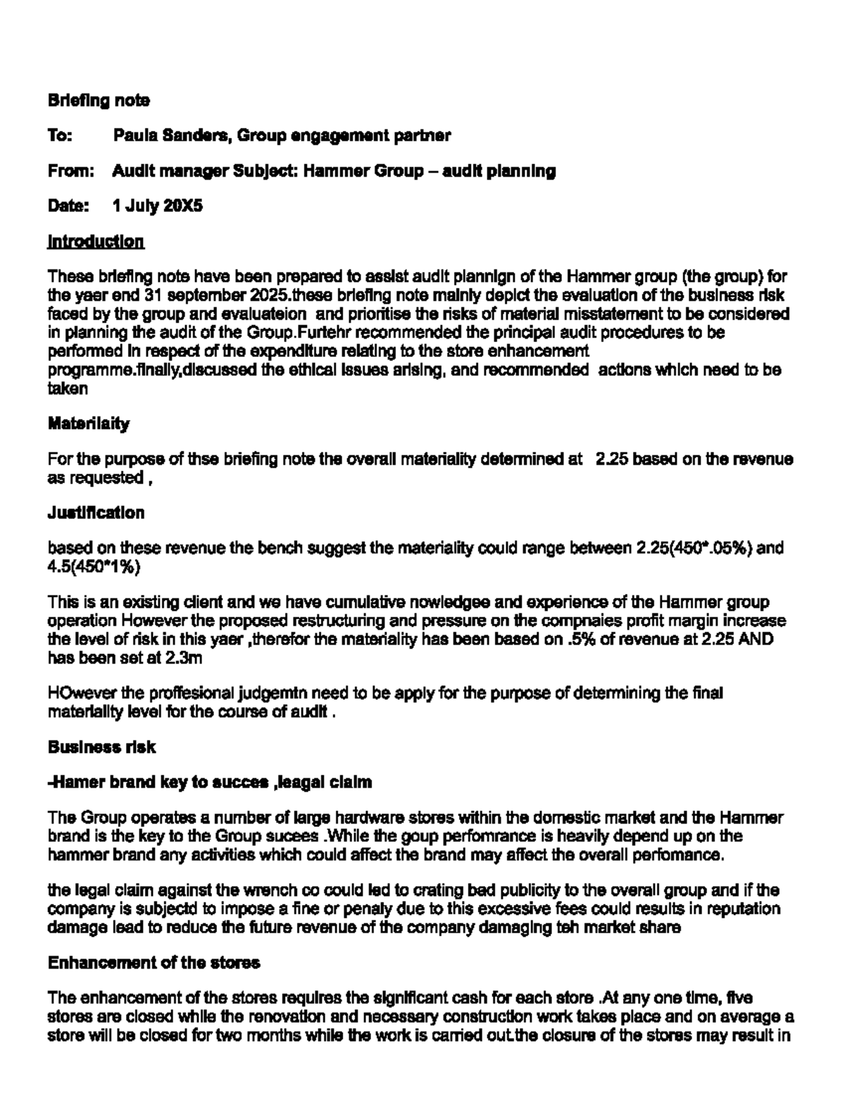Audit Planning Briefing Note for Hammer Group (Audit 20X5) - Studocu