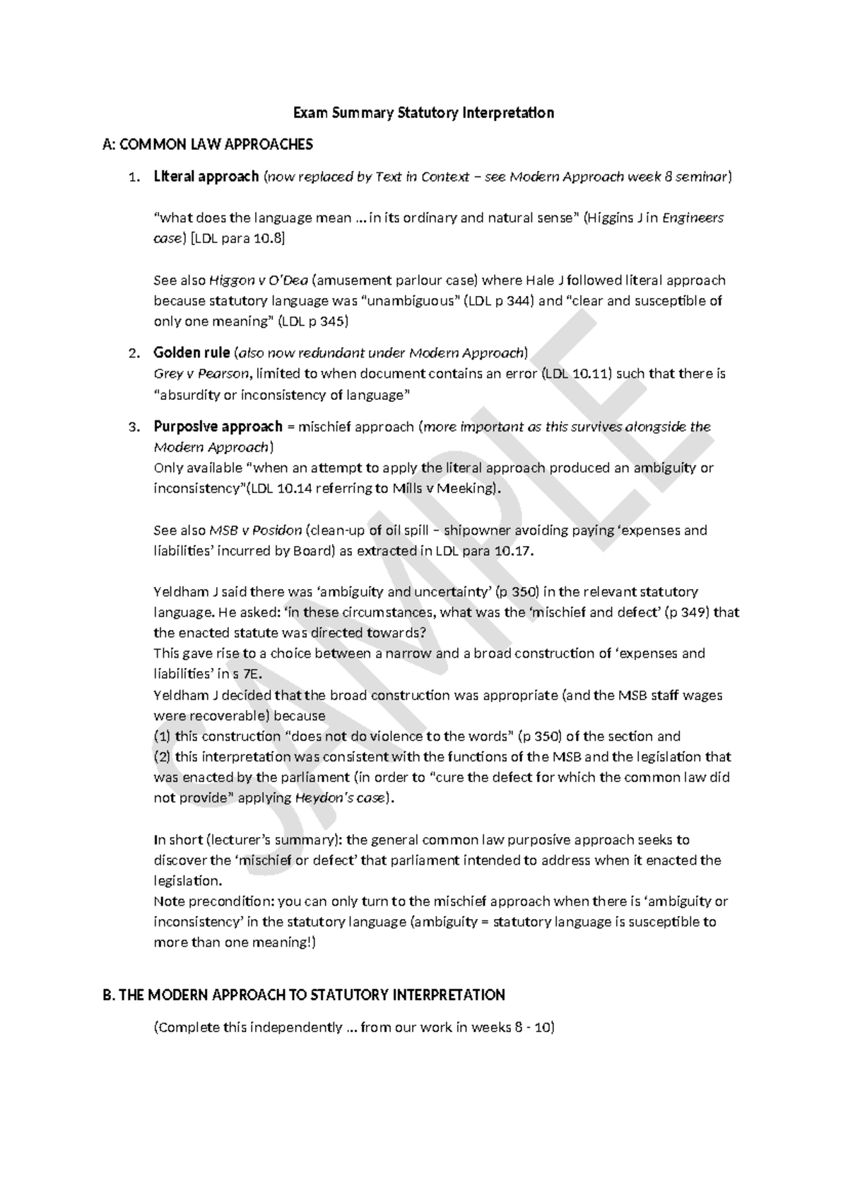 Exam Summary: Statutory Interpretation A - Common Law Approaches 2024JJ ...