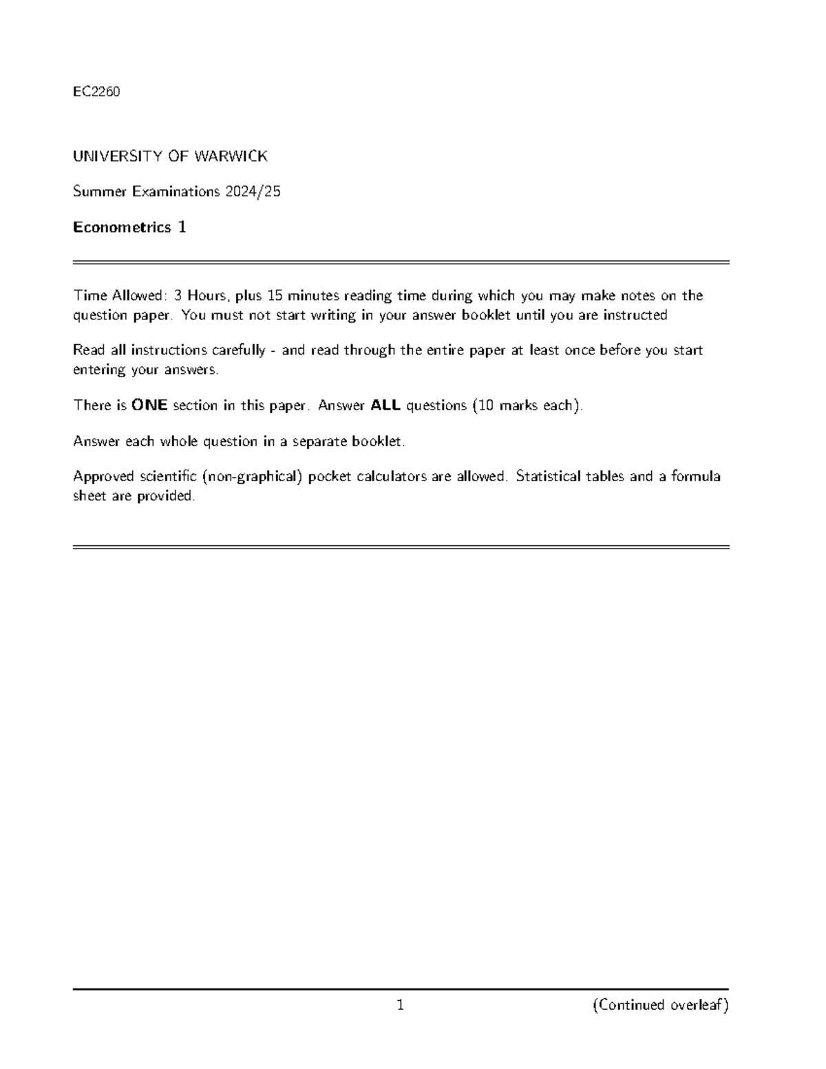 EC2260 Summer 2025 Econometrics 1 Exam Instructions and Questions - Studocu