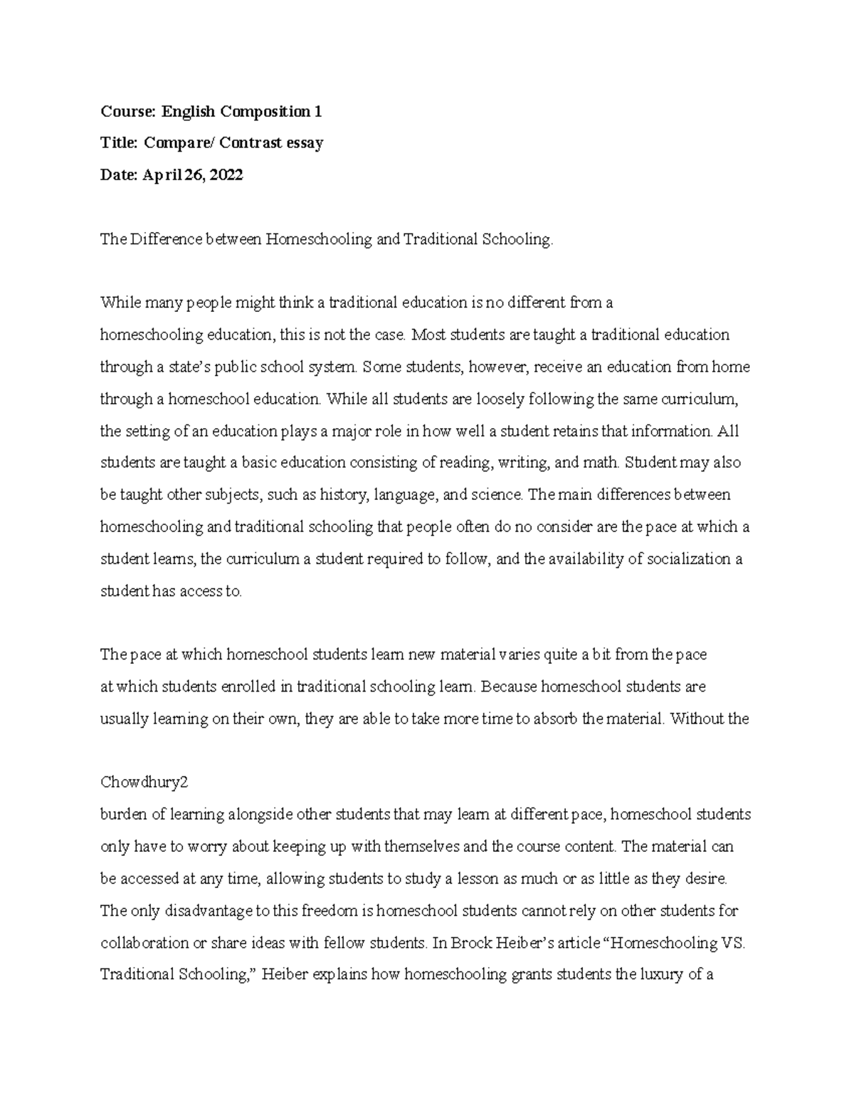 Eng Comparative Essay - Course: English Composition 1 Title: Compare ...