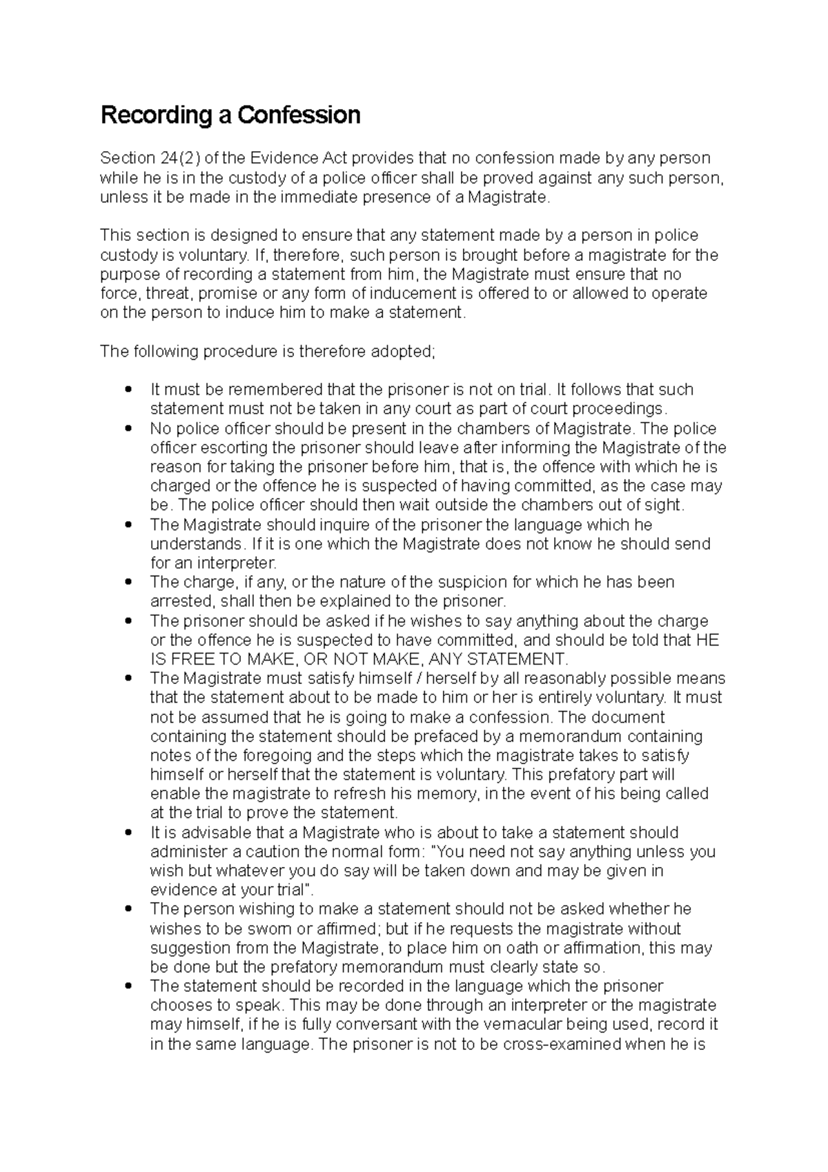 Evidence Act: Recording a Confession Procedure Analysis - Studocu