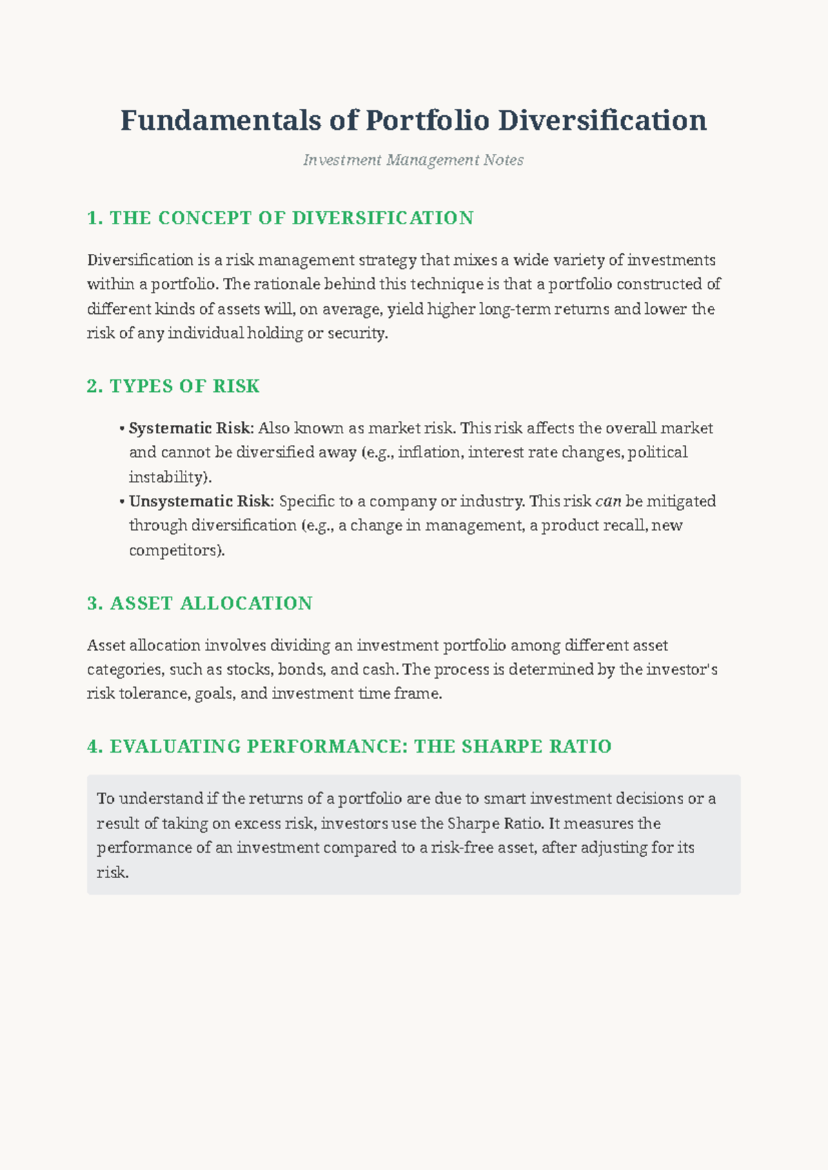 Investment Management Notes: Portfolio Diversification Fundamentals ...