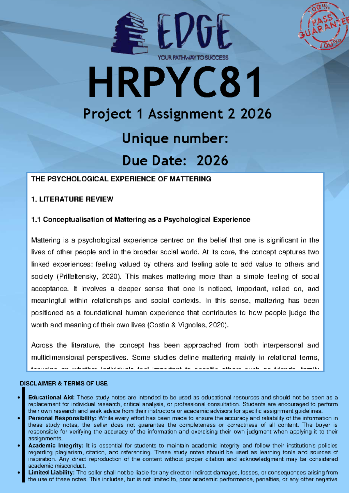 HRPYC81 Project 1 Assessment 2 Memo 2026: The Psychology of