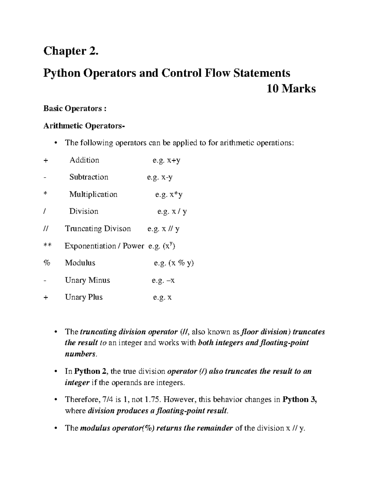 Chapter 2: Python Operators & Control Flow Statements (10 Marks) - Studocu
