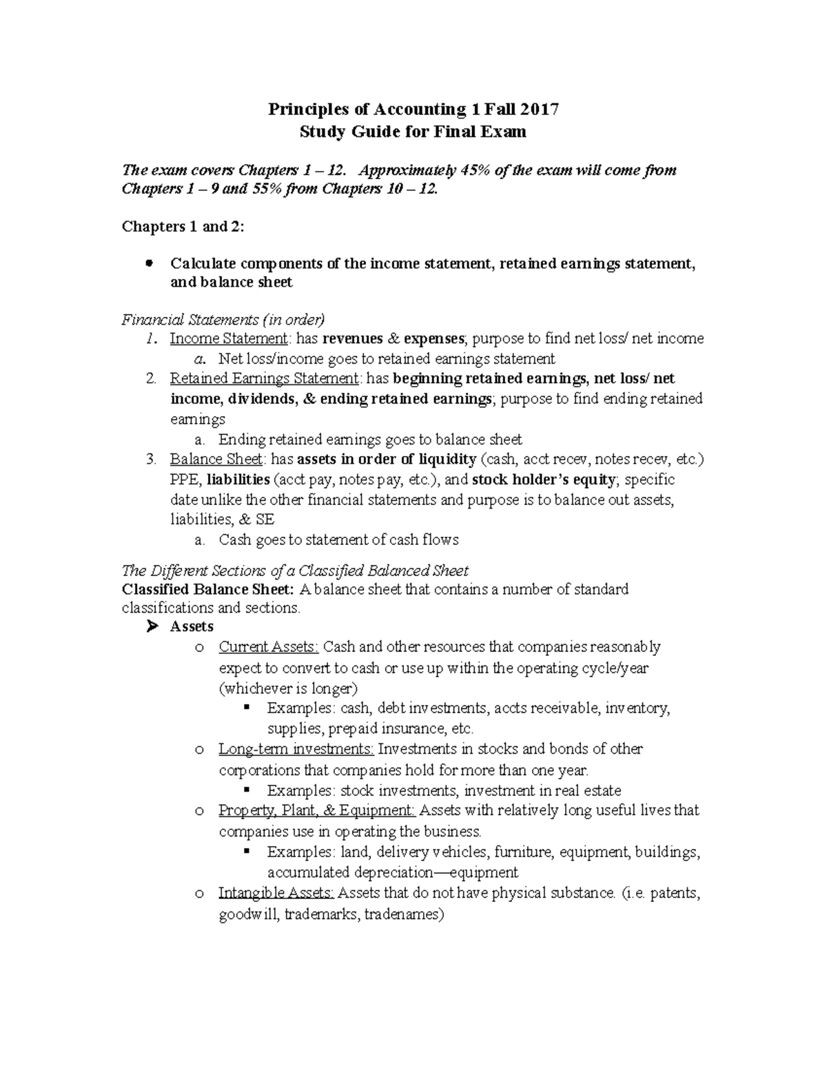 Principles of Accounting I: Study Guide for Final Exam Fall 2024 - Studocu