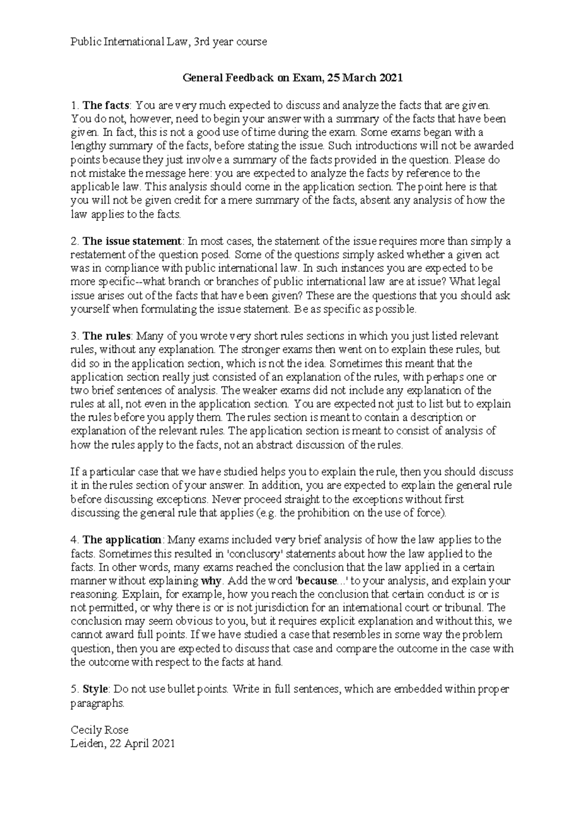 Feedback on Public International Law Exam - 3rd Year Course - Studeersnel