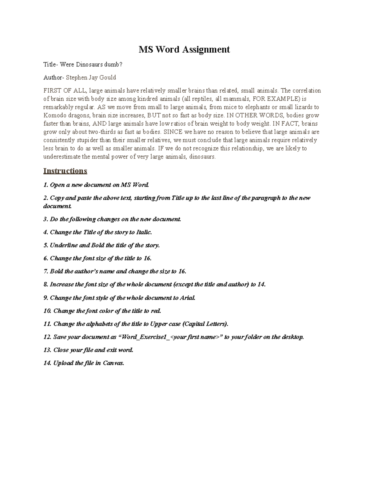 MS Word Level 1 Assignment: Dinosaurs and Brain Size Analysis - Studocu