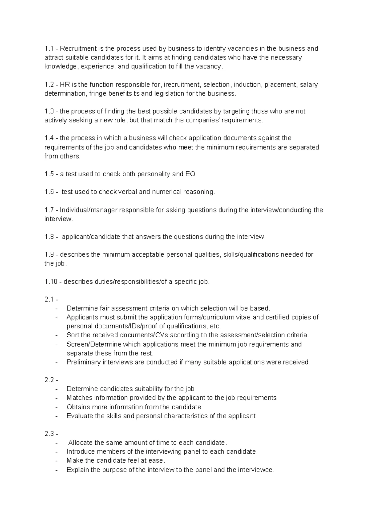 Grade 11 Business Studies Worksheet: Selection Process Overview - Studocu
