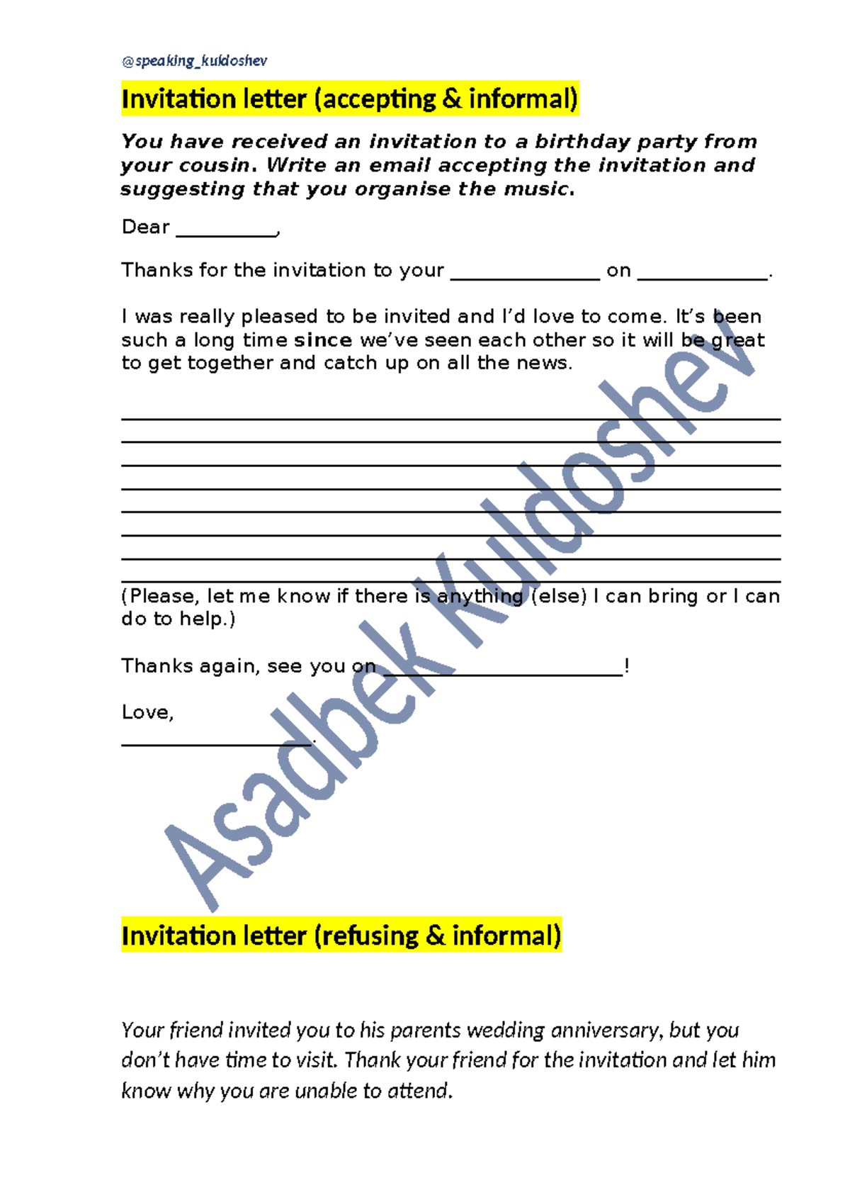 Letter Templates for Accepting and Refusing Invitations (ENG 101) - Studocu