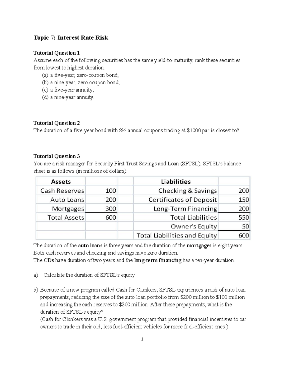 Topic 7: Interest Rate Risk Analysis Tutorial (Finance 101) - Studocu