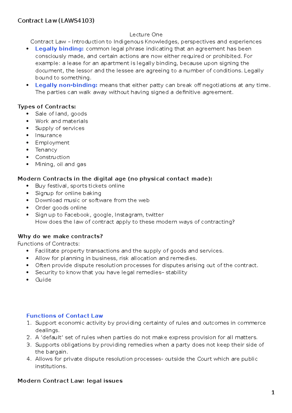 LAWS4103: Contract Law Final Exam Study Notes - Studocu
