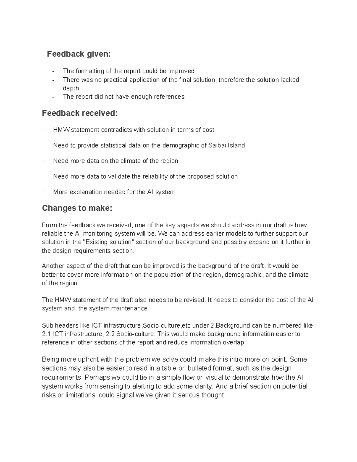 Assessment Task 1a: Feedback and Improvements for AI Monitoring System ...