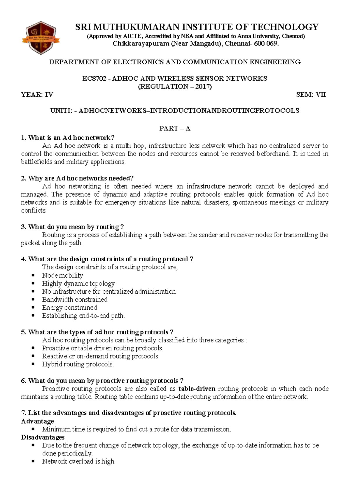 EC8702 AWSN: Ad Hoc and Wireless Sensor Networks Study Notes - Studocu