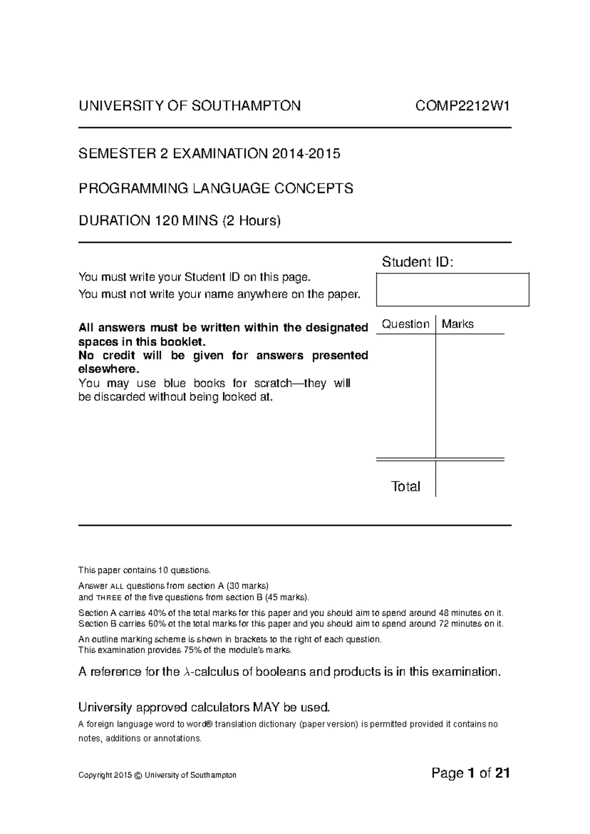 COMP2212W1 2021-2022 Programming Language Concepts Exam Paper - Studocu