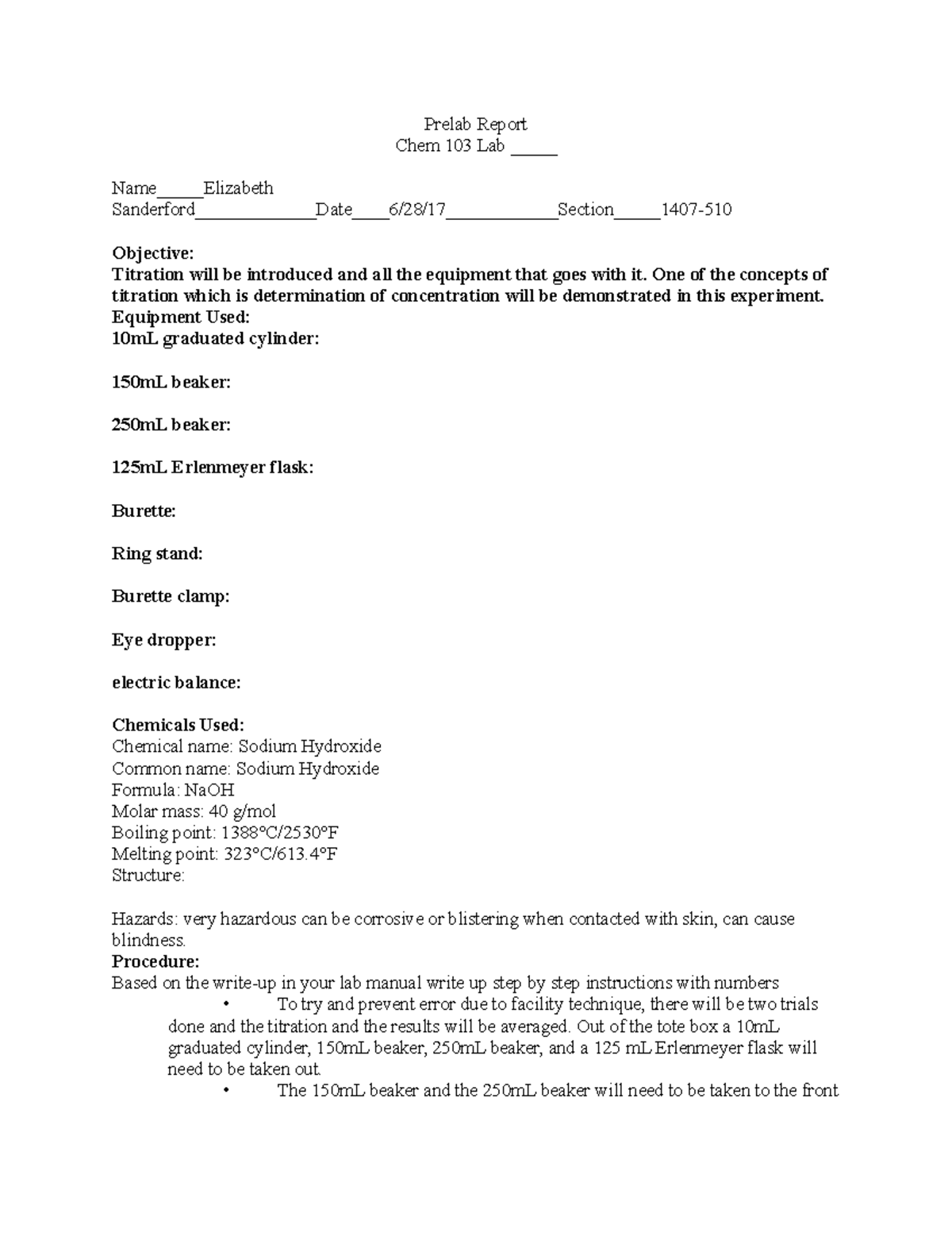 Prelab-lab 8 - n/a - Prelab Report Chem 103 Lab _____ Name ...