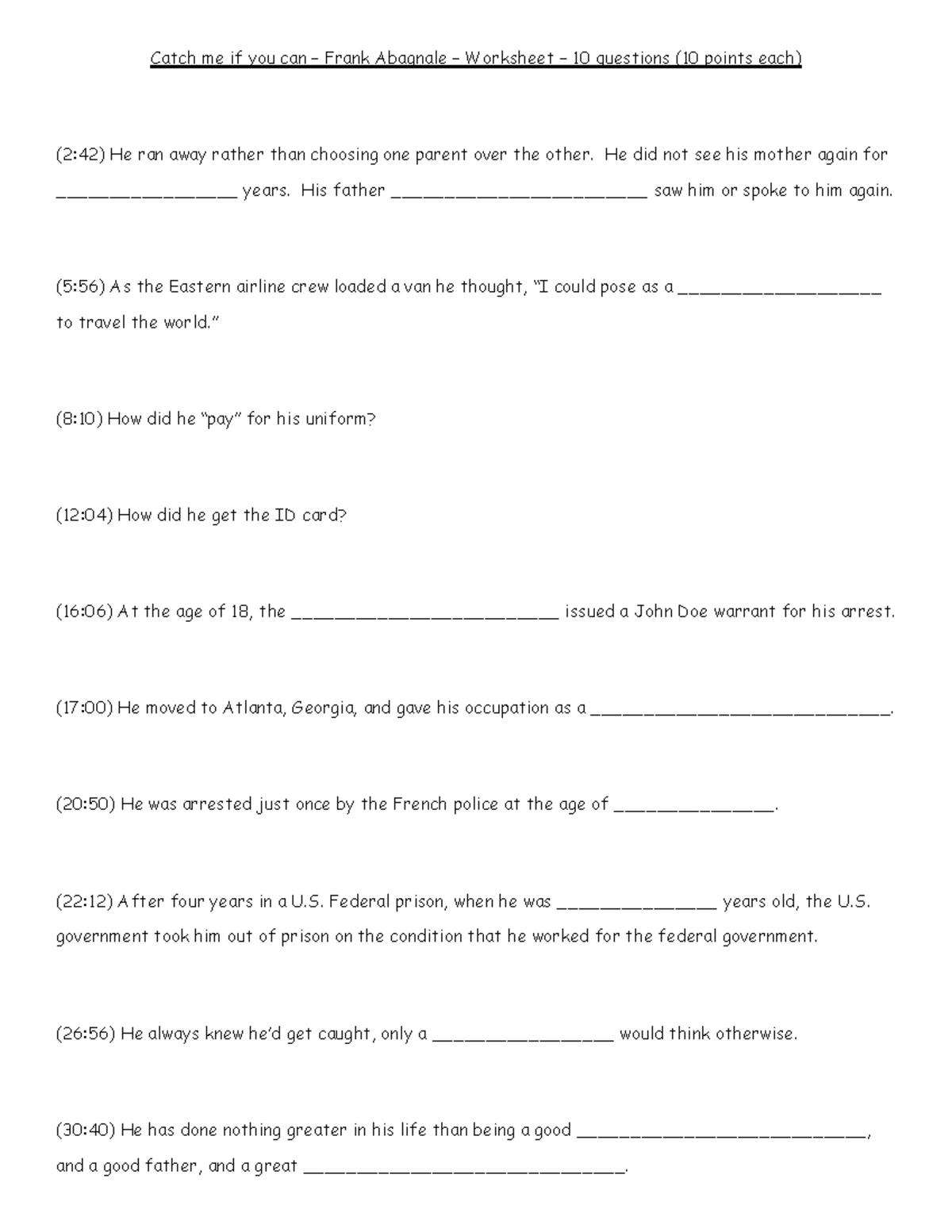 Catch Me If You Can - Frank Abagnale - Worksheet - 10 Questions - Studocu