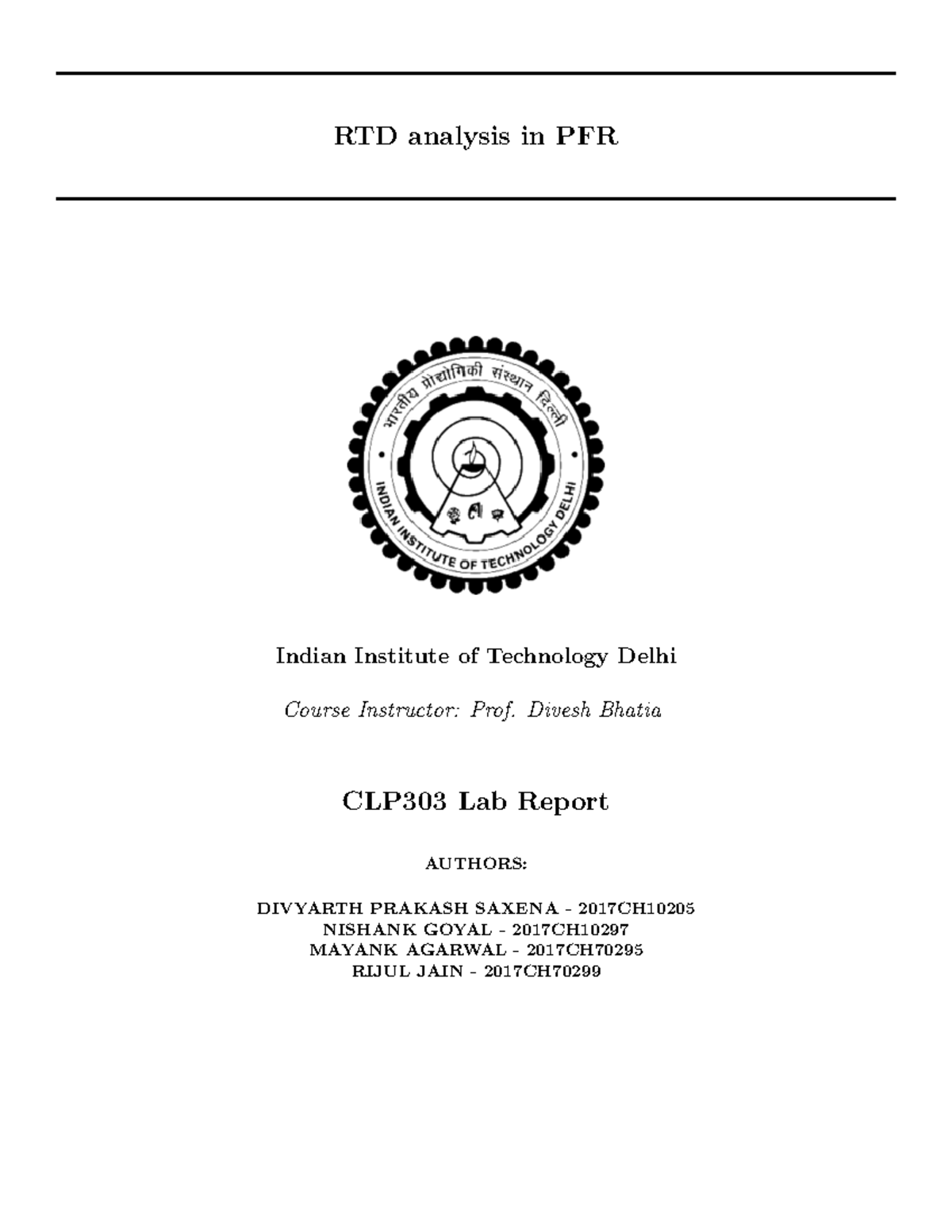 CLP303 Lab Report: RTD Analysis in PFR Experiment 7 (2023) - Studocu