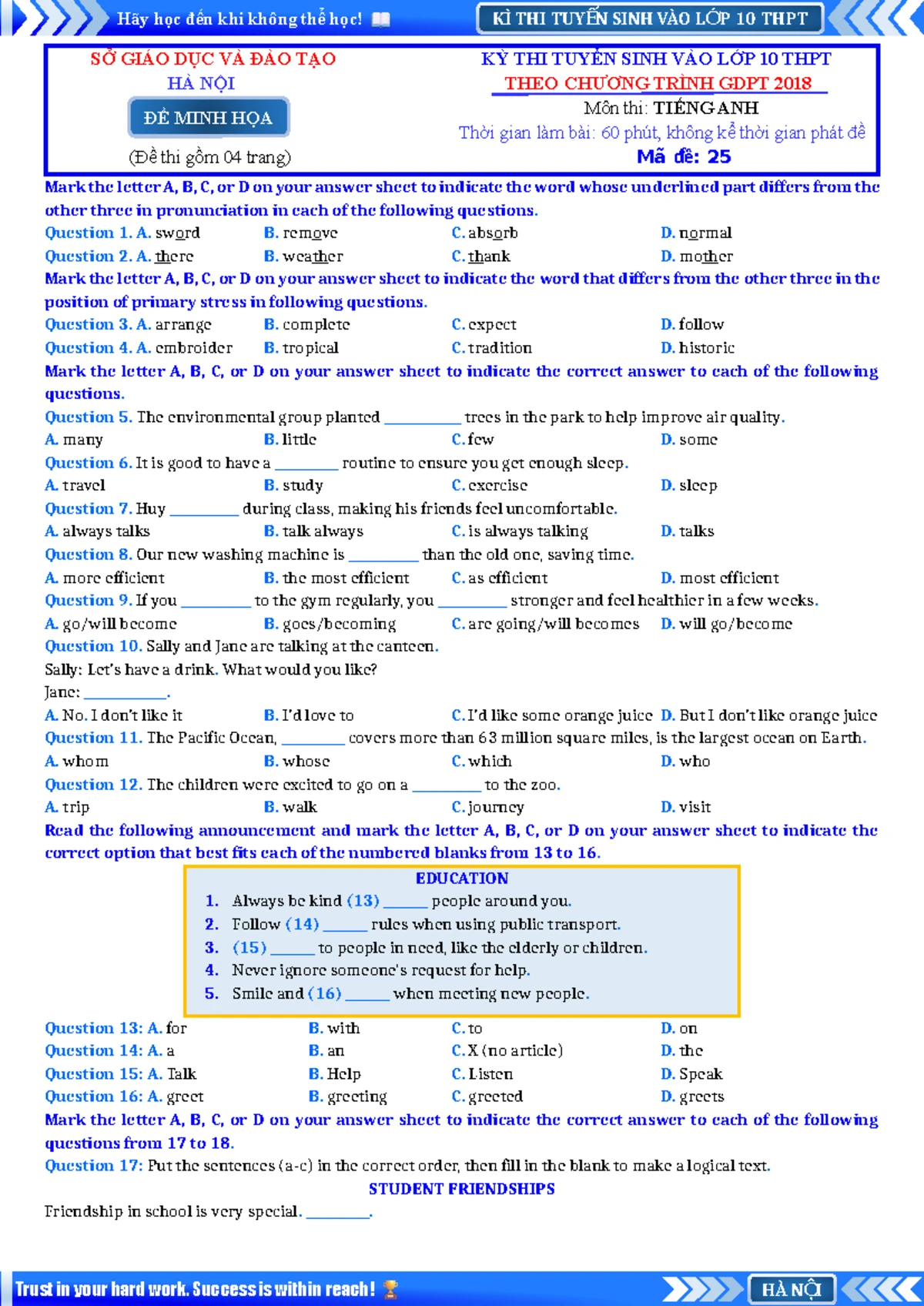 TỔNG HỢP BÀI TẬP LUYỆN THI VÀO LỚP 10 MÔN TIẾNG ANH PHẦN WORD FORM