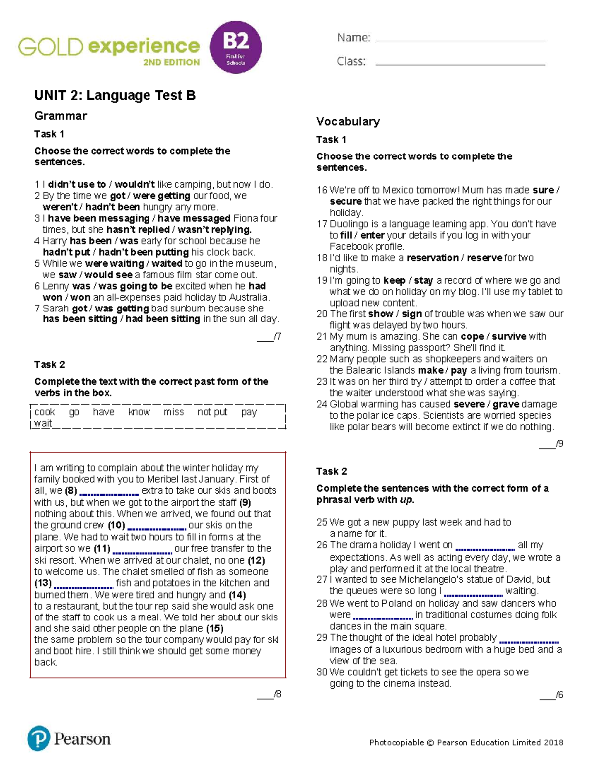 Gold Exp B2 Unit 2 Language Test B: Grammar & Vocabulary Tasks - Studocu