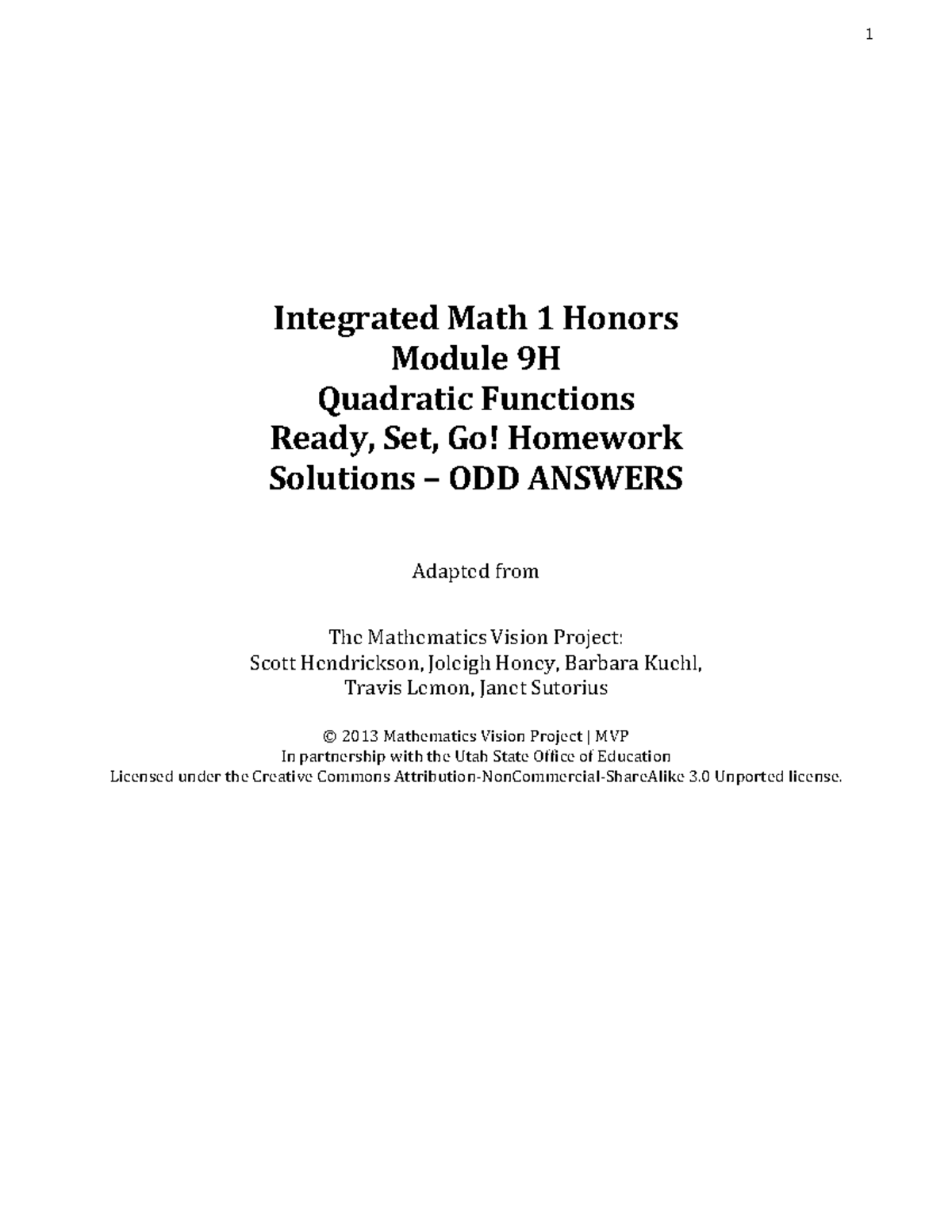 SDUHSD Math 1 Honors Module 9H Quadratic Functions Homework Solutions ...