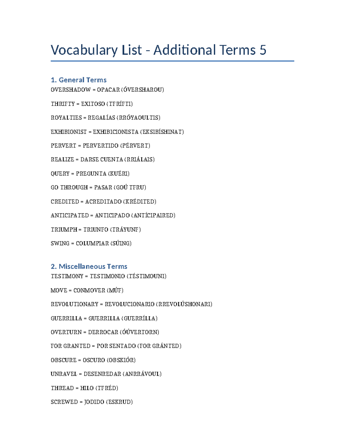 Advanced Vocabulary List - Additional Terms for Course 5 - Studocu