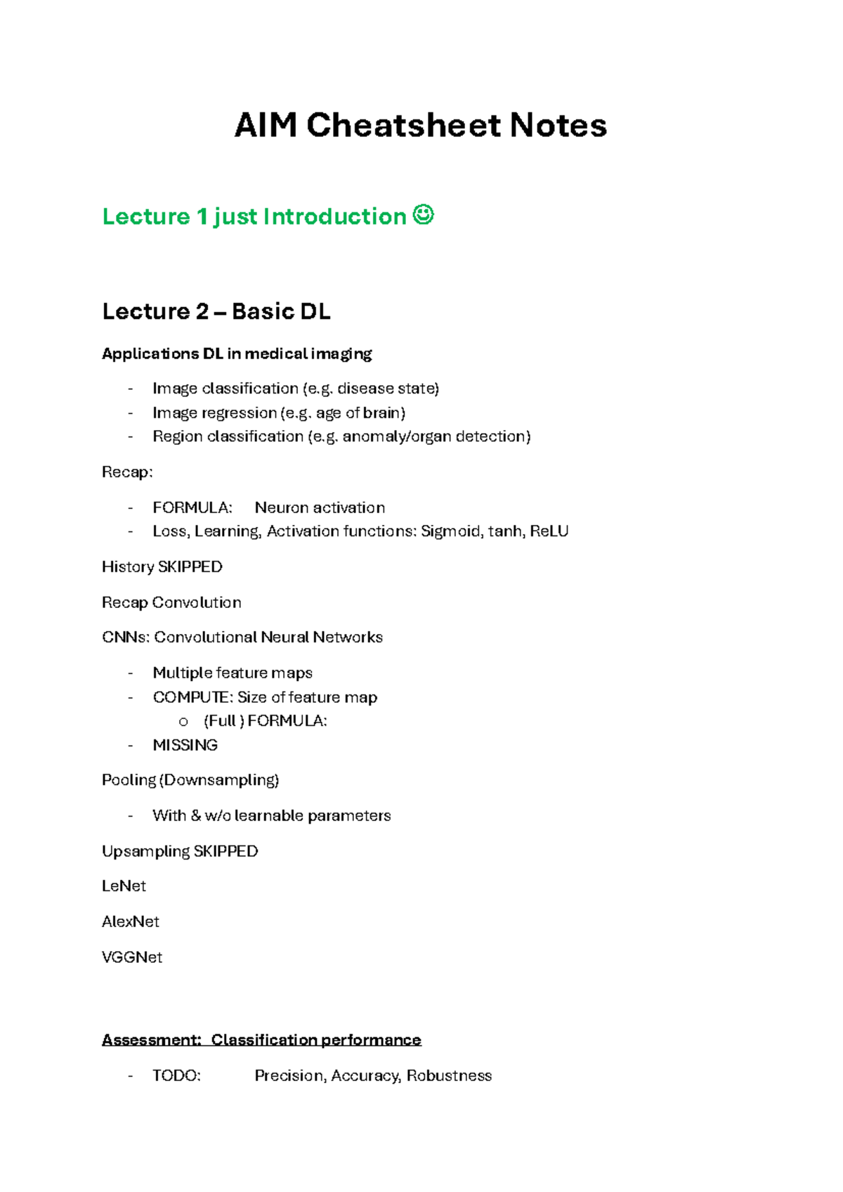 AIM Cheatsheet Notes: Intro to Deep Learning Applications in Medicine ...