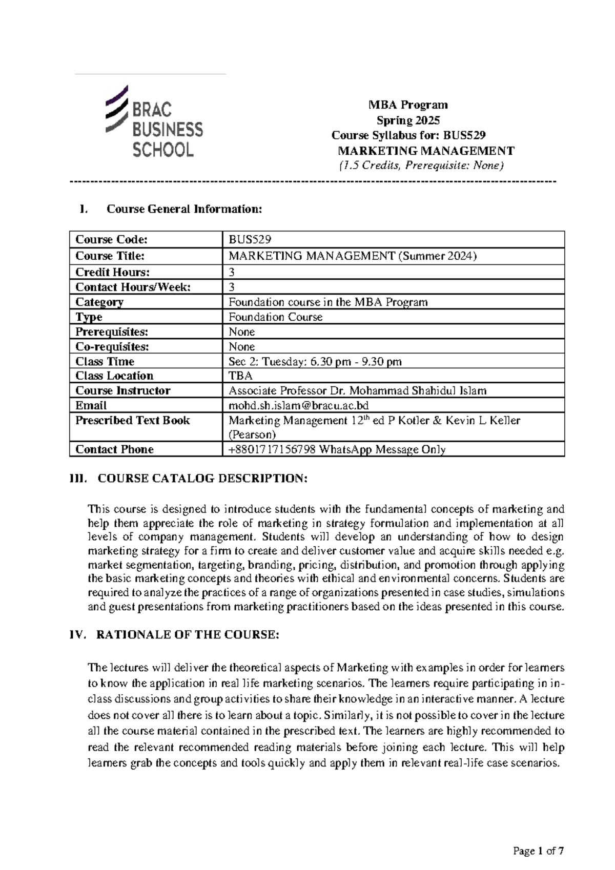 BUS529 - Marketing Management Course Syllabus (Spring 2025) - Studocu