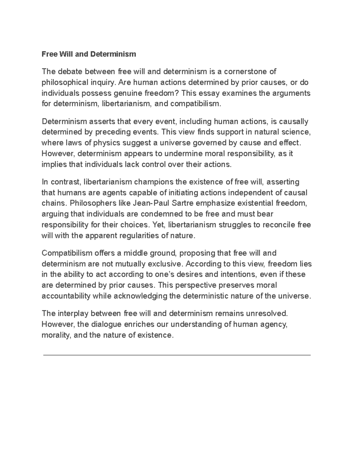 PHIL 101: Essay on Free Will vs. Determinism Debate - Studocu