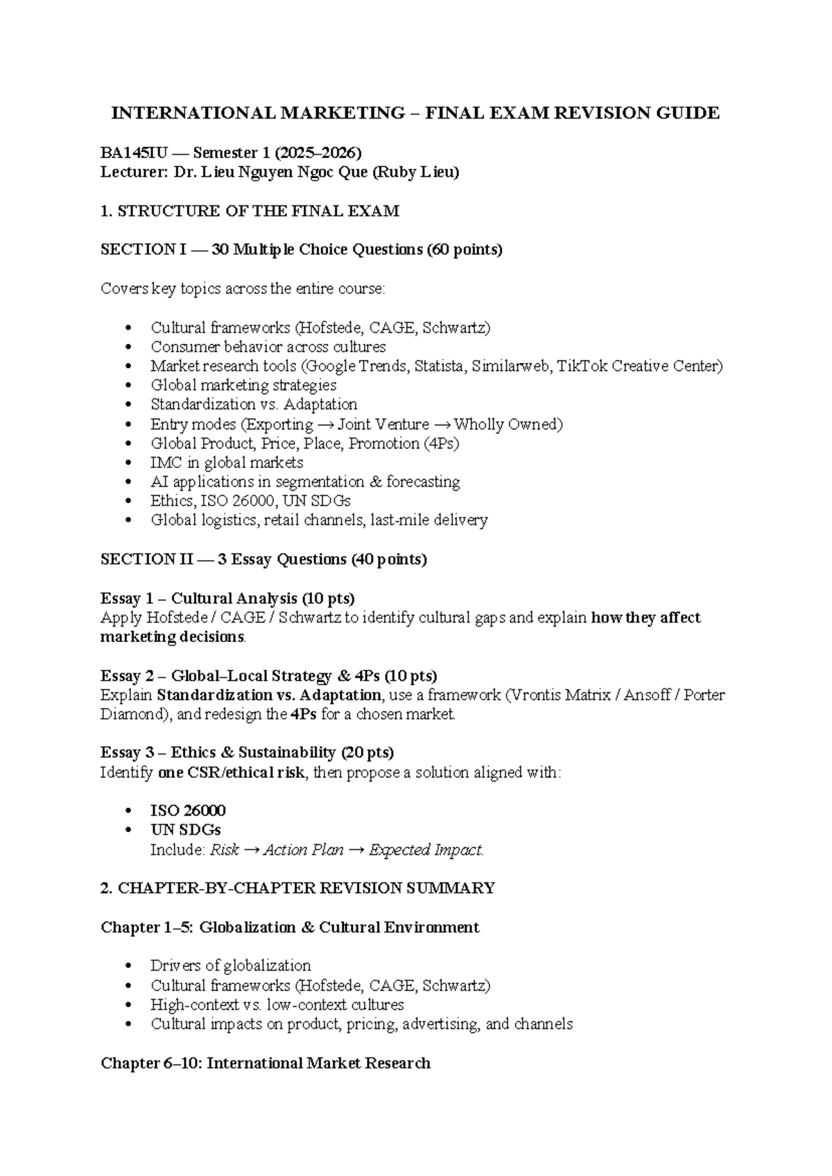 BA145IU International Marketing Final Exam Revision Guide - Studocu