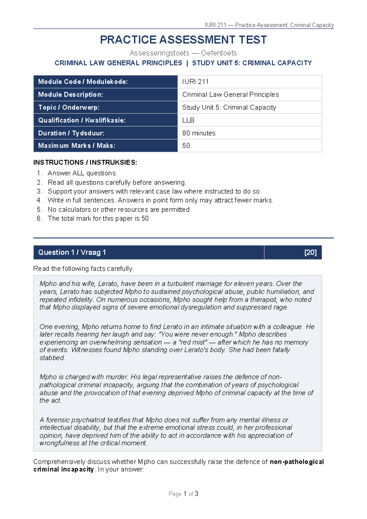 IURI 211 Practice Assessment: Criminal Capacity Test for Study Unit 5 ...