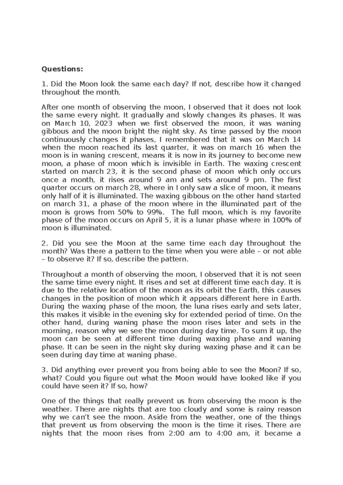 Moon Observation Journal - Questions: Did the Moon look the same each ...