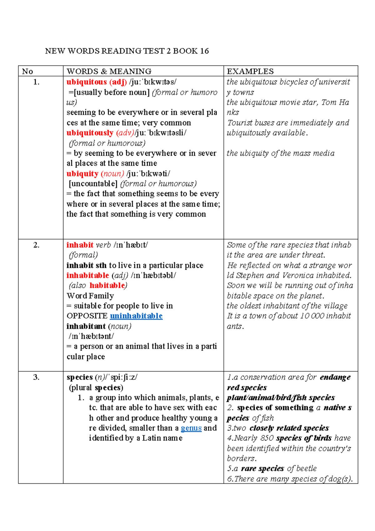 NEW WORDS READING TEST 2 - Vocabulary Insights and Meanings - Studocu