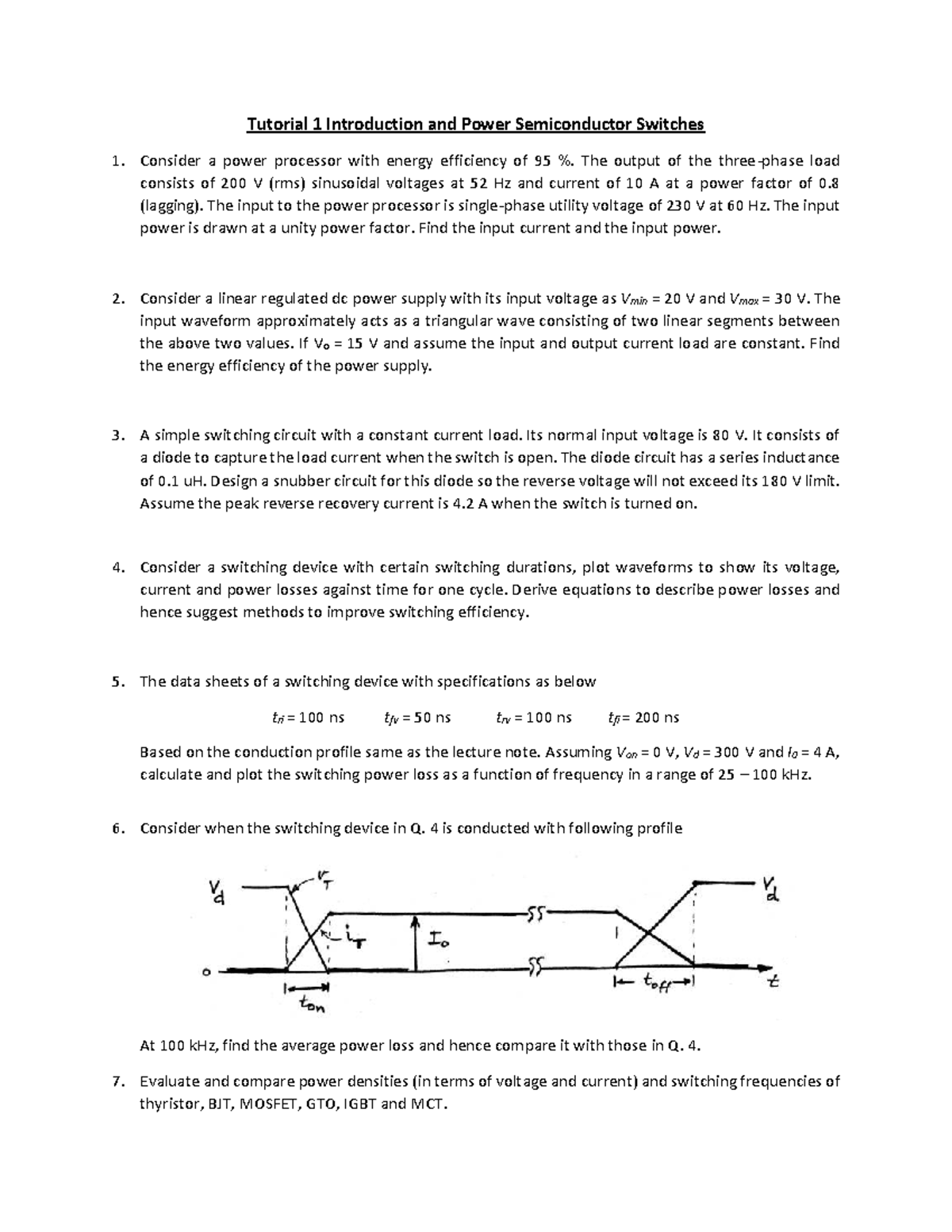 EE3015 Tutorial 8: Power Semiconductor Switches and Efficiency Analysis ...