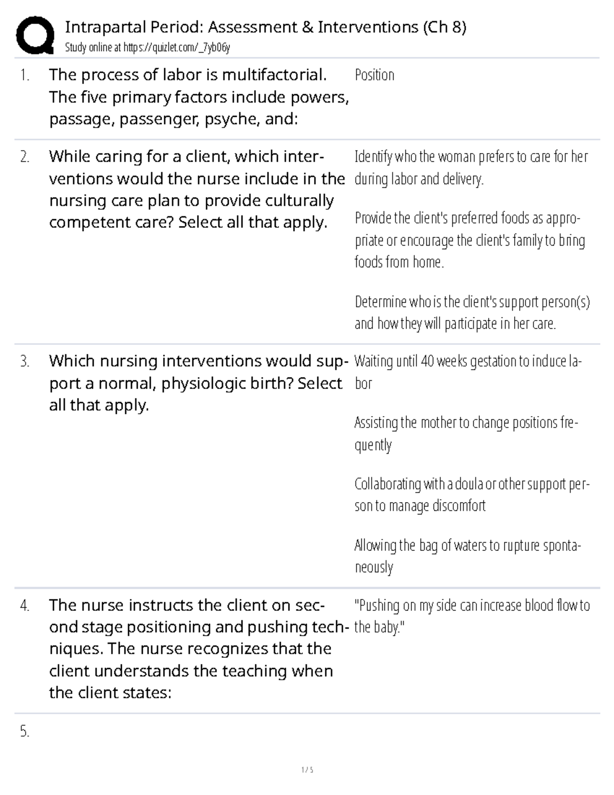 Labor and Birth Quiz (FA Davis) - Intrapartal Assessment Interventions ...