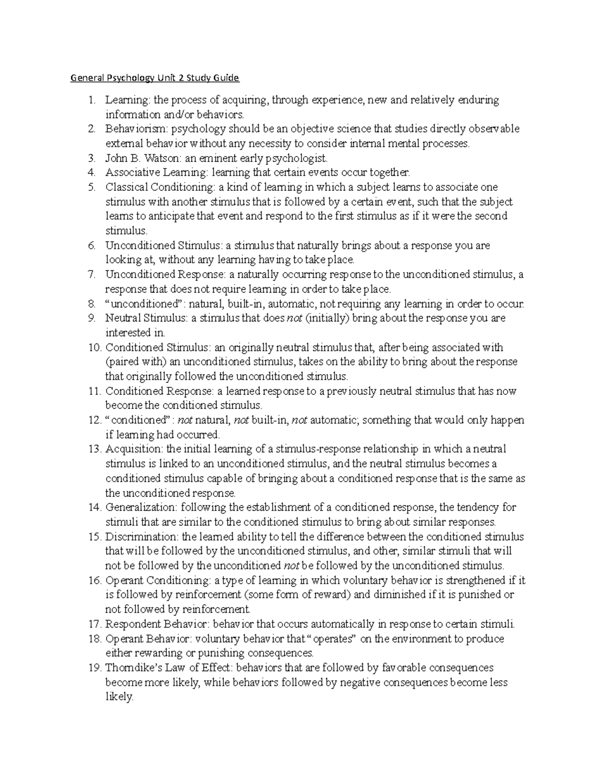 General Psych 101 Unit 2 Study Guide: Key Concepts in Learning - Studocu