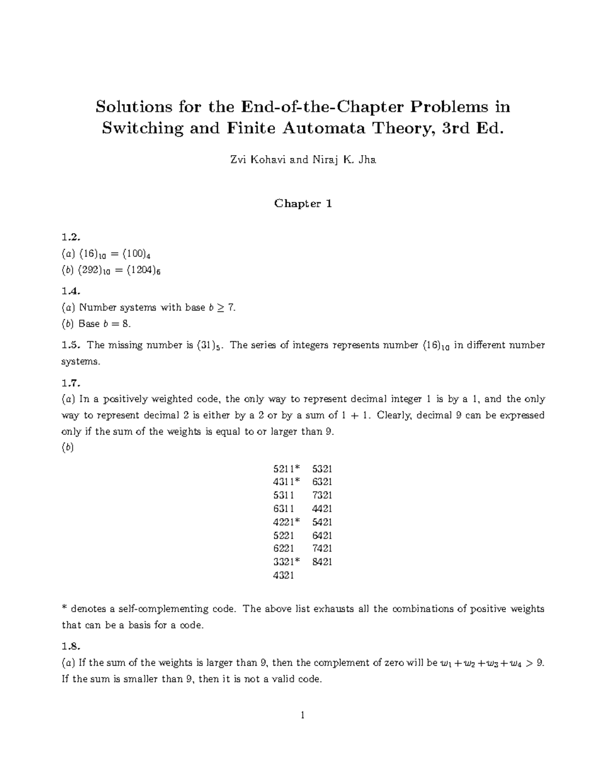 Kohavi Solutions for Problems in Switching & Finite Automata Theory ...