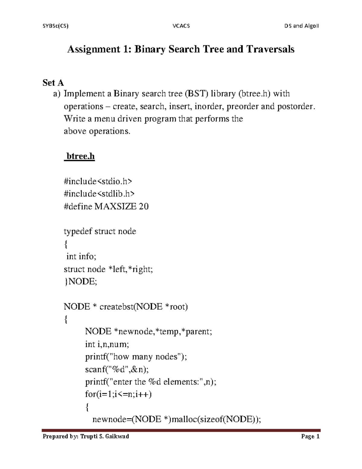 DS Assignment 1 Sem IV - Binary Search Tree Implementation and ...