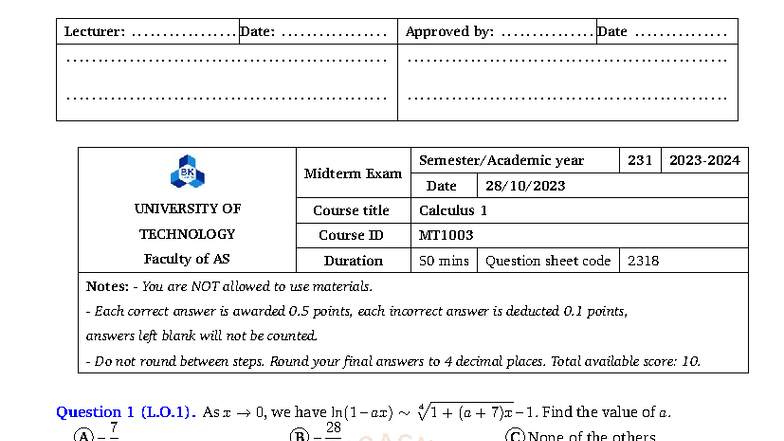 Midterm Exam MT1003 - Calculus 1 Question Sheet 2318 - Studocu