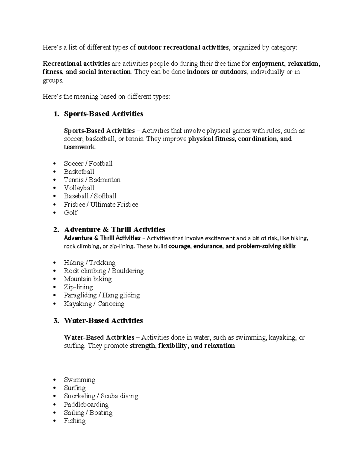 Group 6: Overview of Different Types of Recreational Activities - Studocu