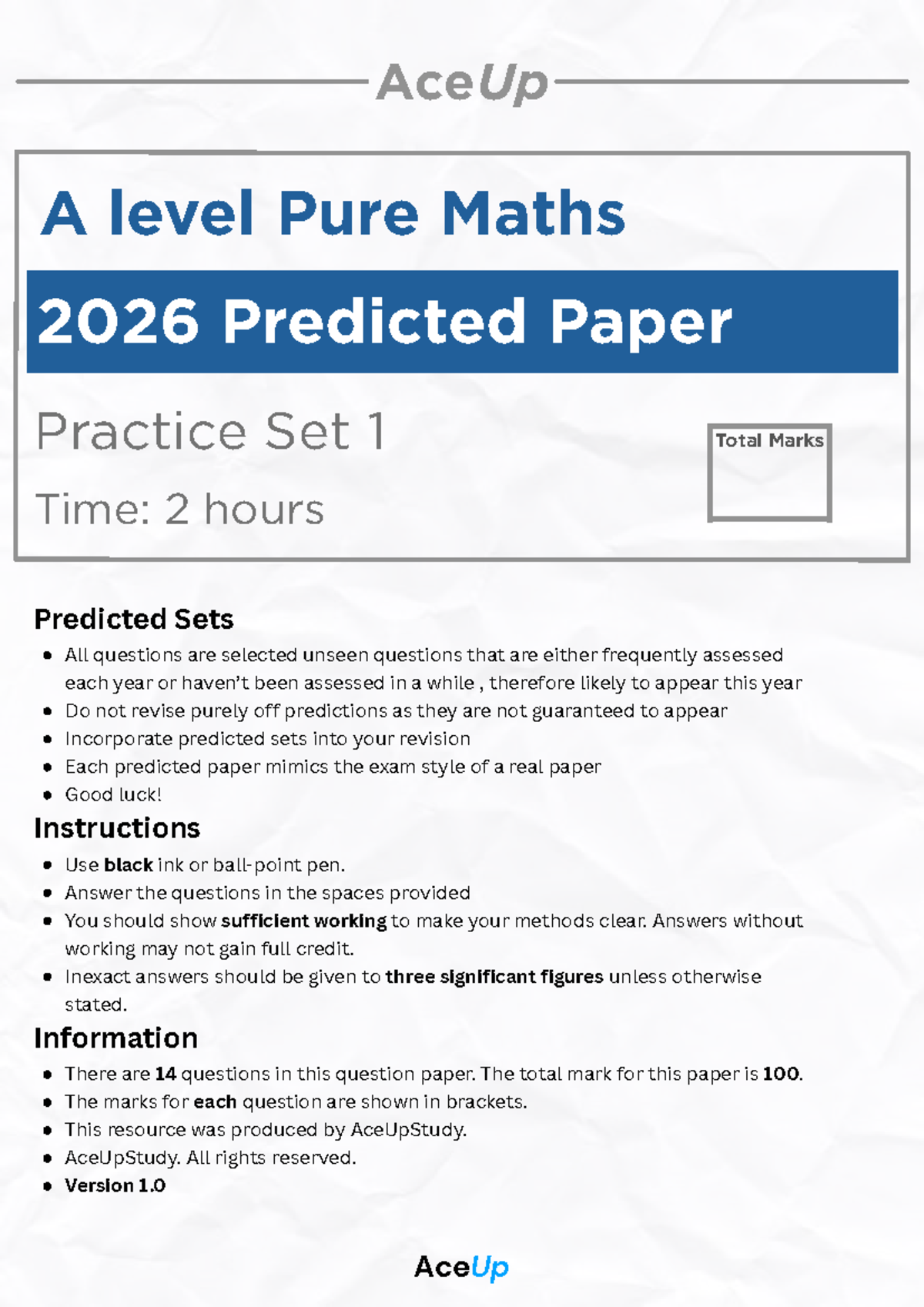 A level Pure Maths 2026 Predicted Paper Practice Set 1 - Studocu