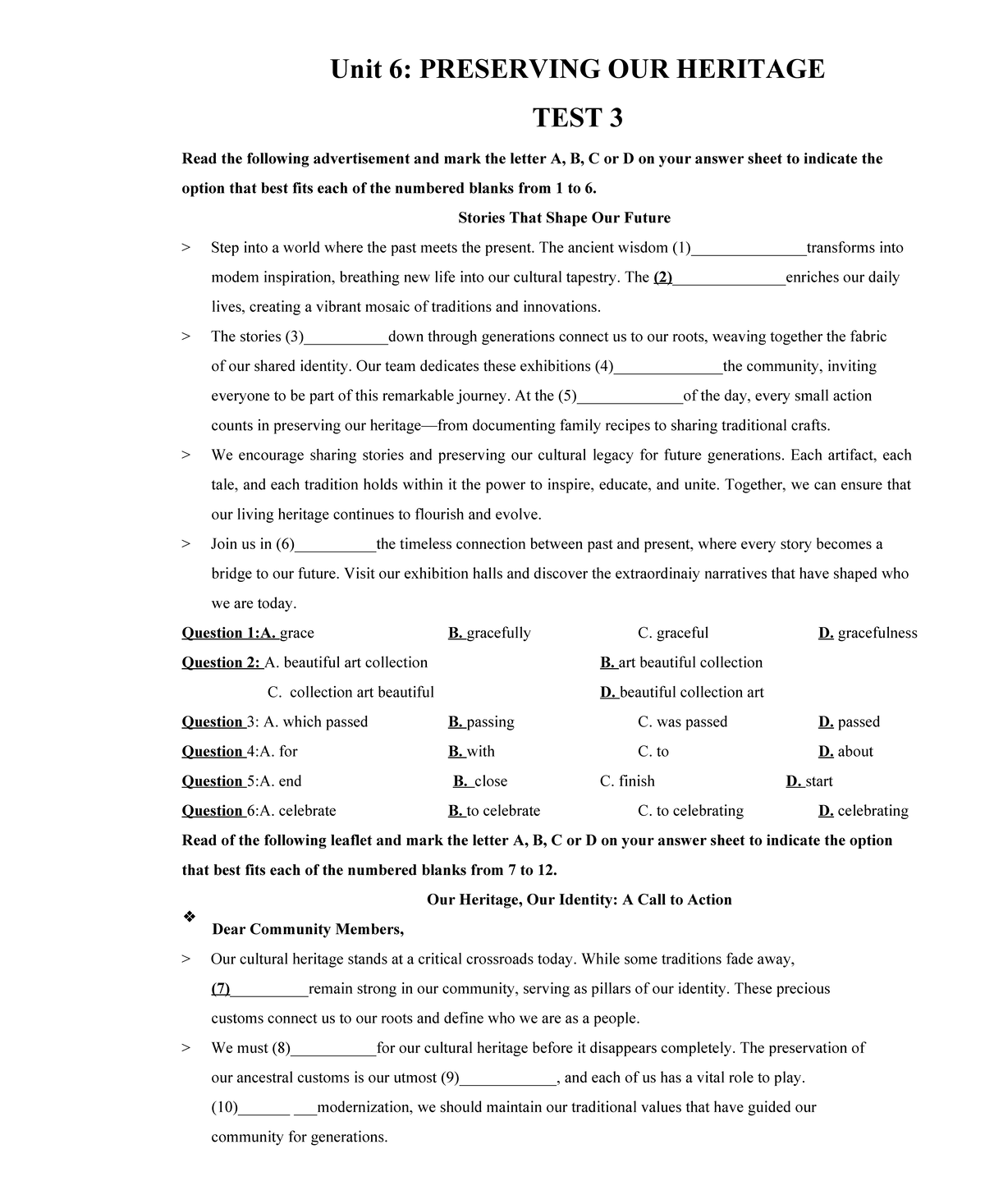 Unit 6: PRESERVING OUR HERITAGE TEST 3 - Exam Questions and Answers ...
