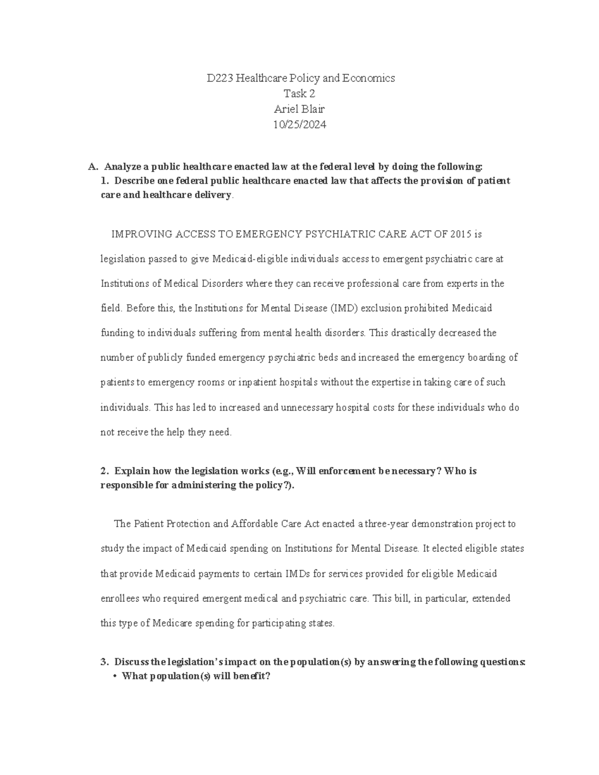 D223 Final Assignment: Analysis of Healthcare Policy Impact - Studocu