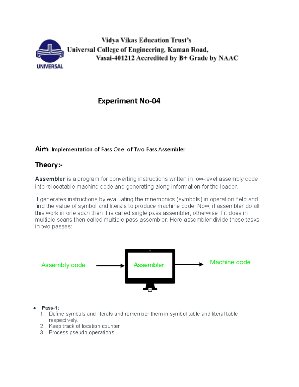 SPCC Practical: Implementation of Pass One in Two Pass Assembler - Studocu