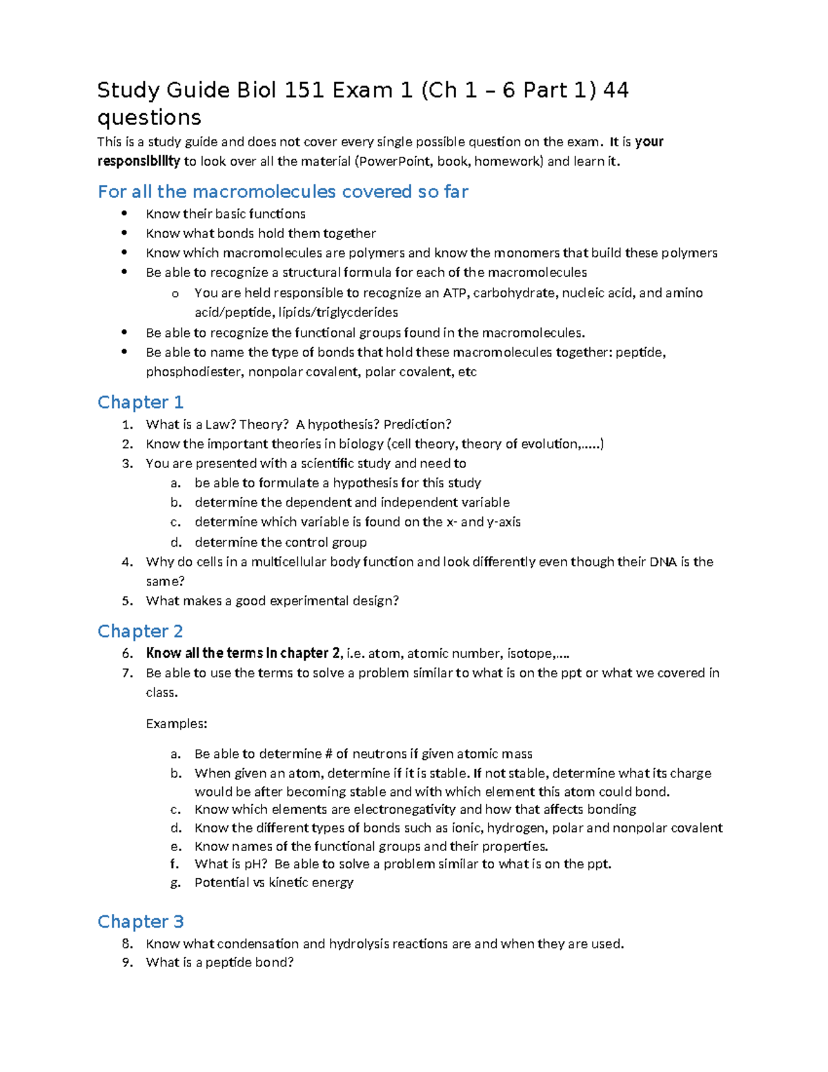 Biol 151 Study Guide: Exam 1 (Ch 1-6, Part 1) 44 Questions - Studocu