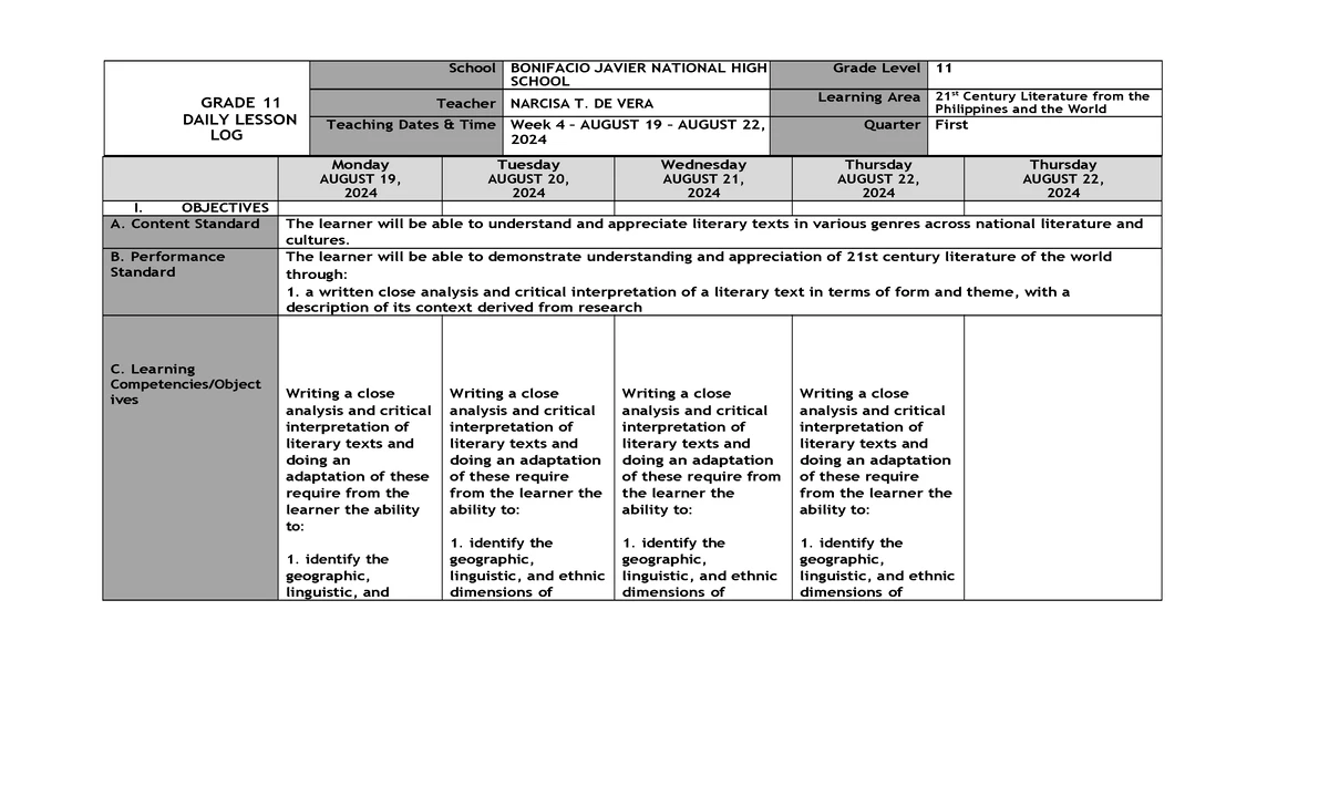 DLP- Life of Rizal: Detailed Lesson Plan for Reading & Writing Skills ...