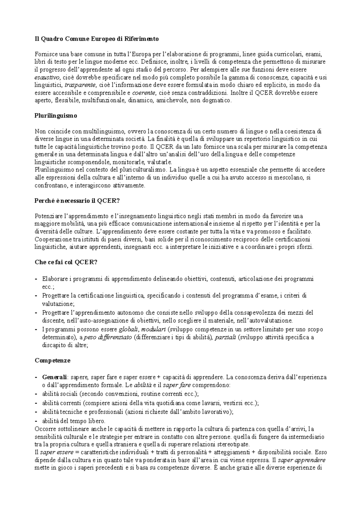 Riassunto QCER: Competenze Linguistiche e Insegnamento Europeo - Studocu