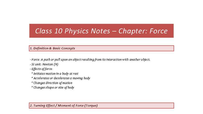 Class 10 Physics Notes: Chapter on Force and Equilibrium Concepts - Studocu