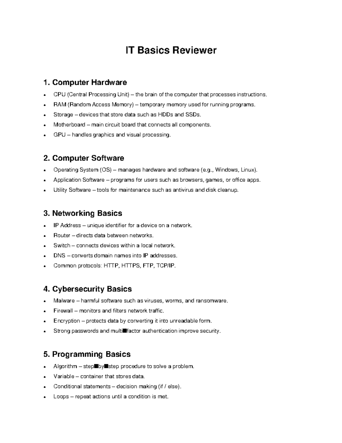 IT Basics Reviewer: Key Concepts in Hardware, Software, Networking, and ...