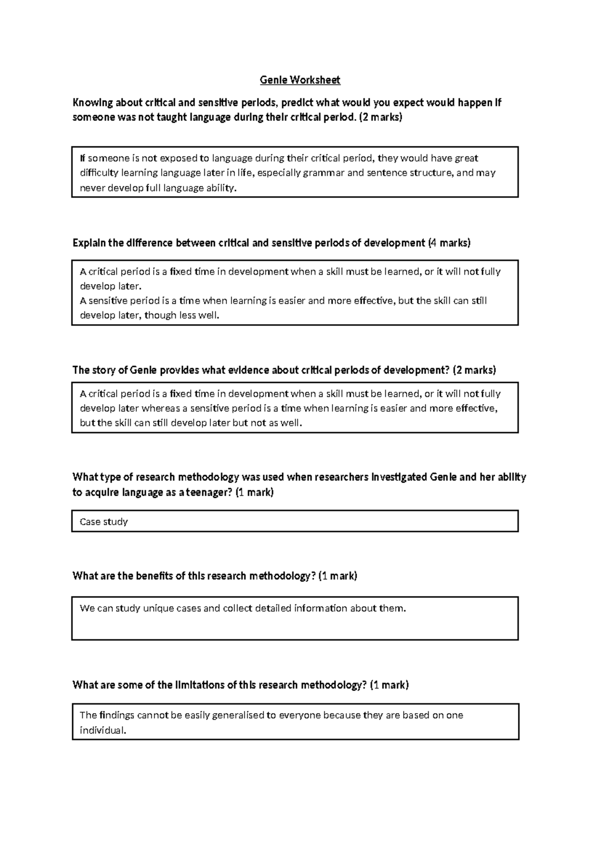 Genie Worksheet: Critical & Sensitive Periods in Language Development ...