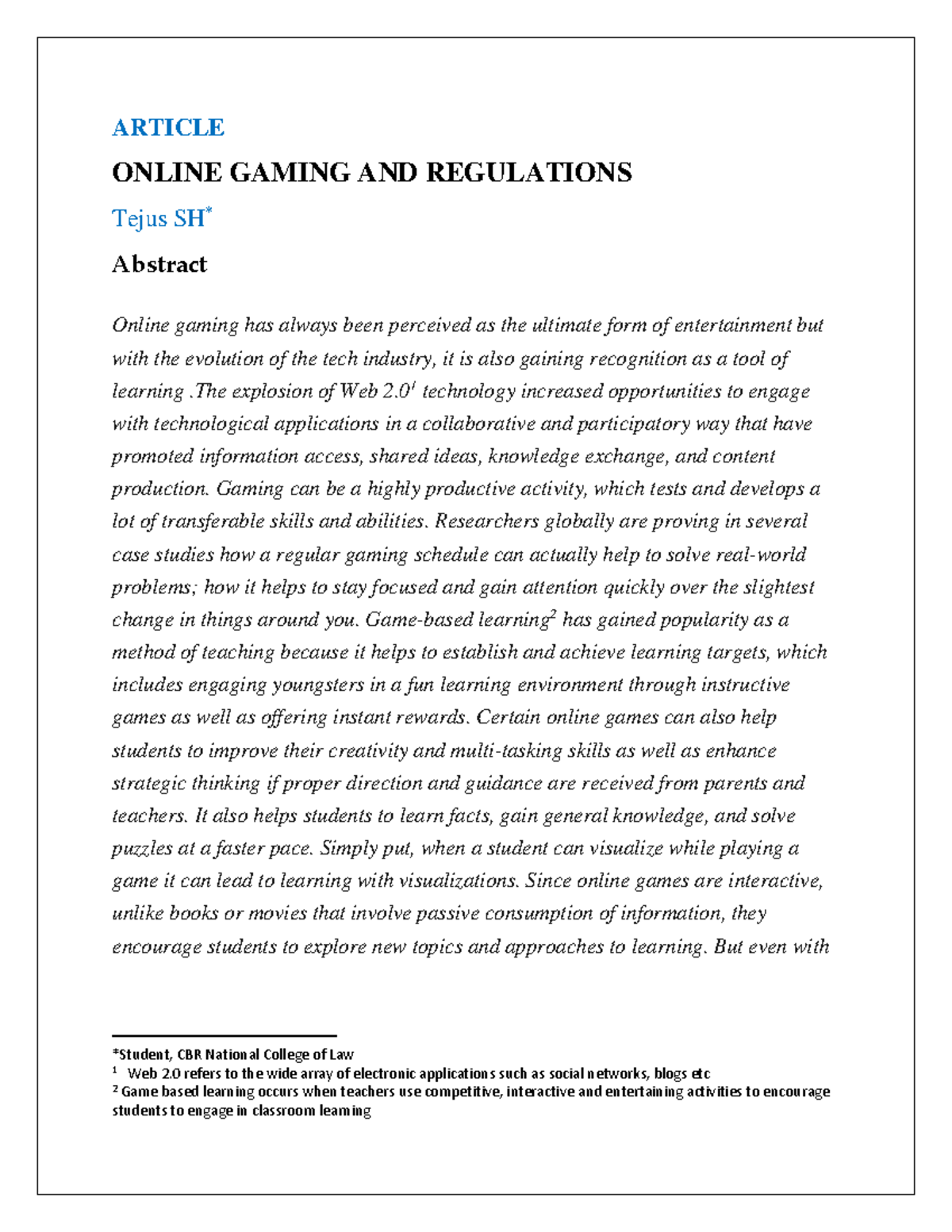 CNL 101: Article on Online Gaming and Regulatory Frameworks - Studocu